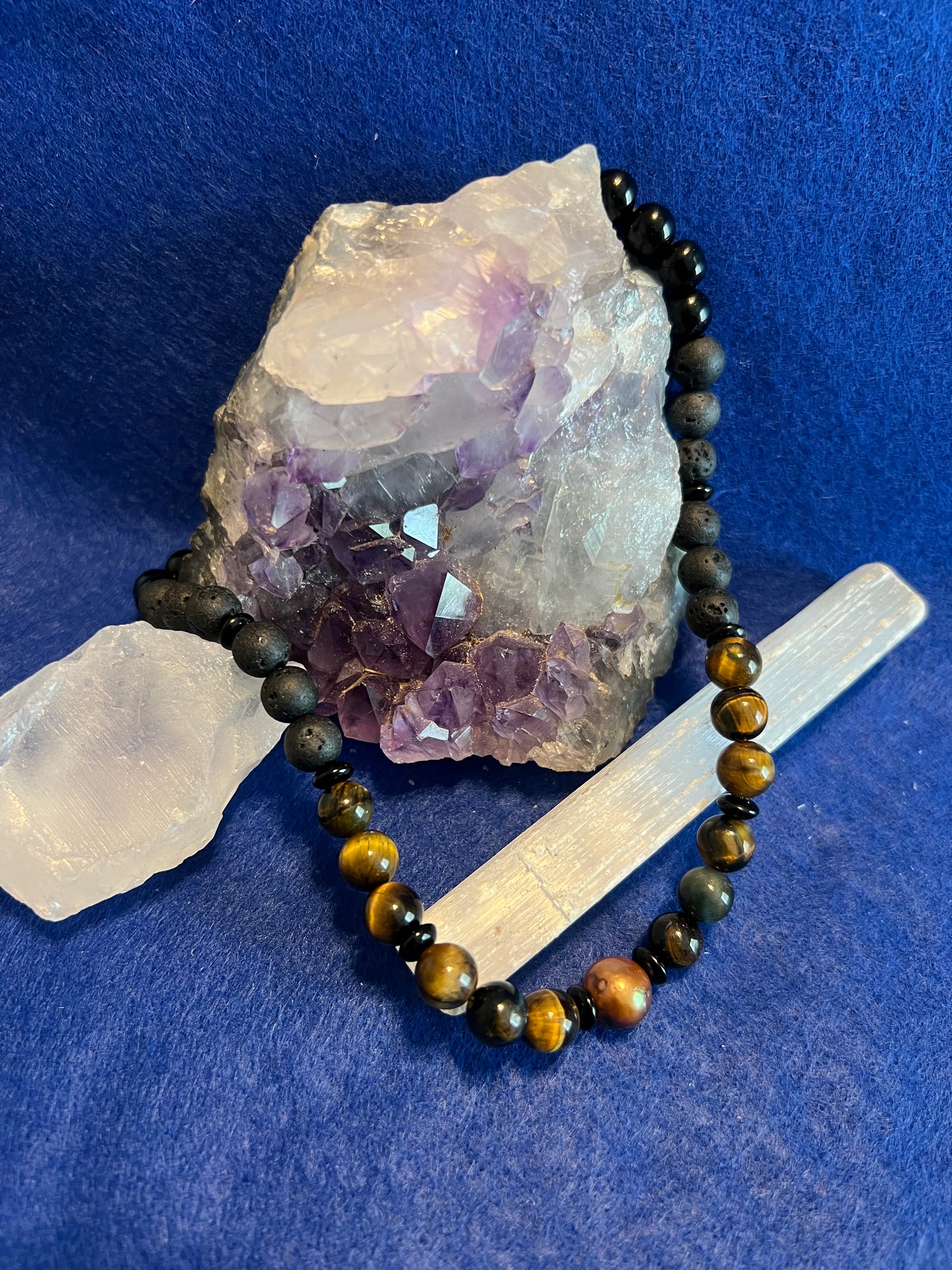 Tigers Eye, Black Onyx and Volcano rock Necklace