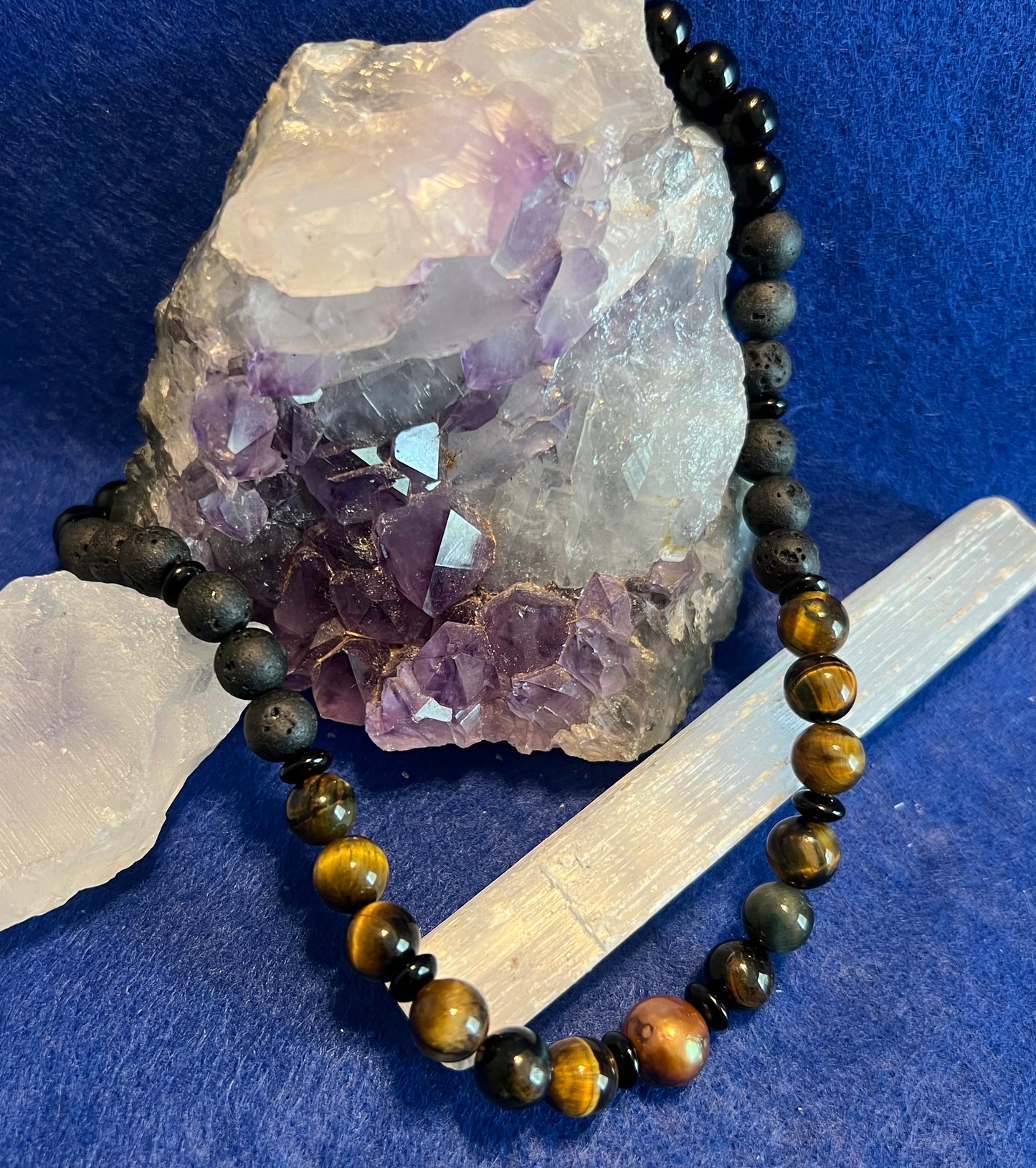 Tigers Eye, Black Onyx and Volcano rock Necklace