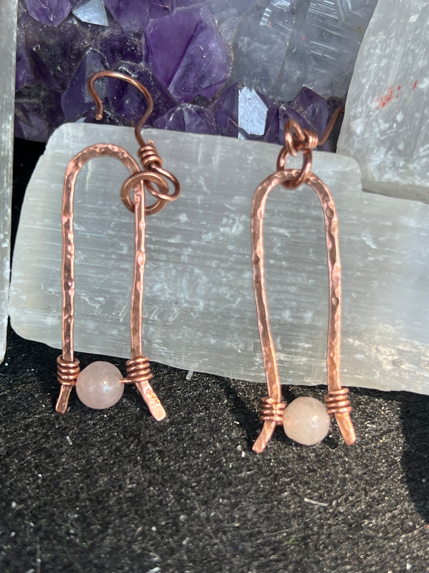 Rose quartz, and copper earrings