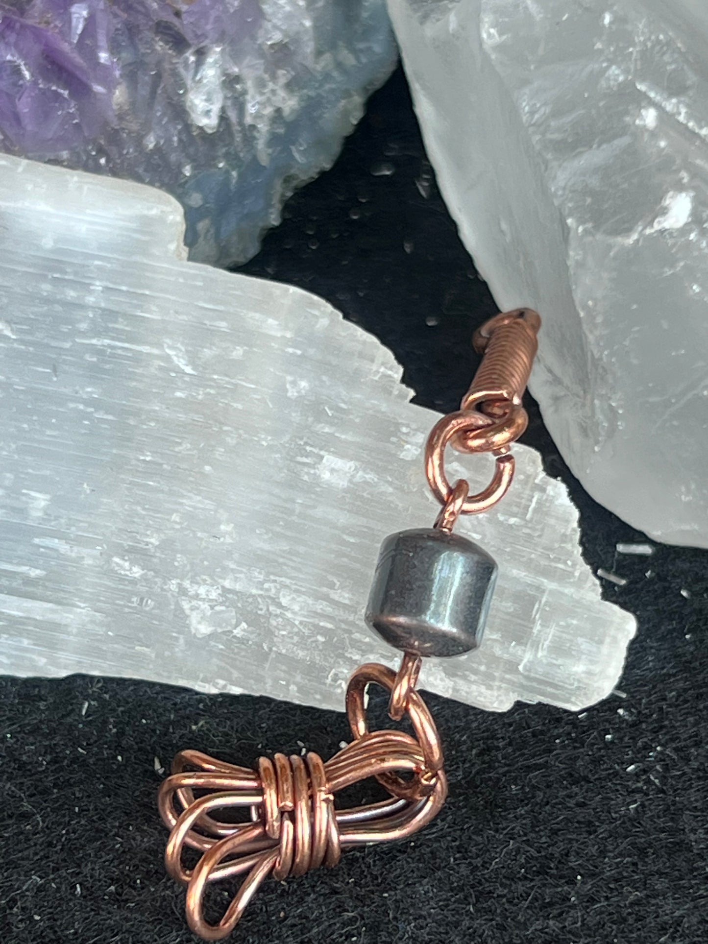 Barrel and bow Hematite and pure copper earrings