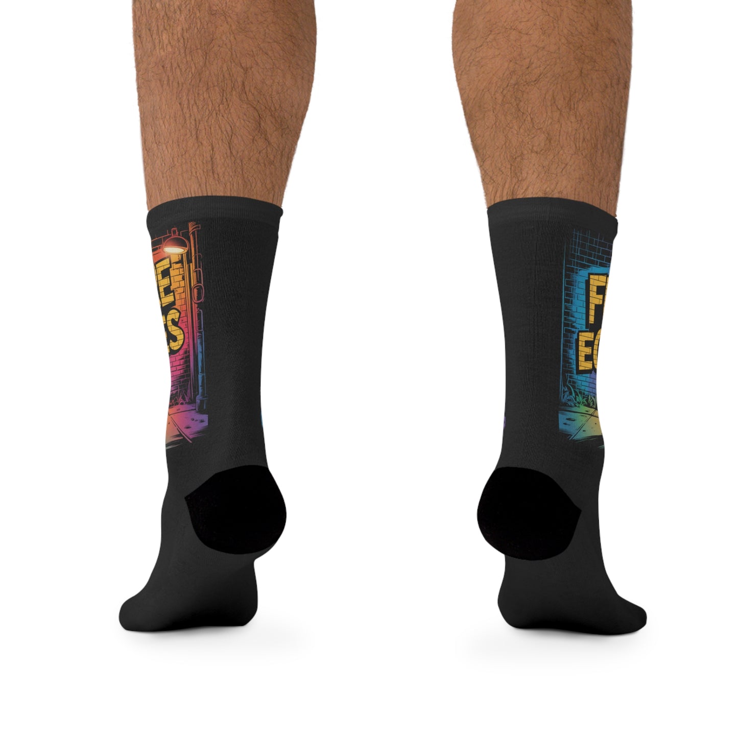 Futuristic Robot Graphic Socks — "Future Echoes" Recycled Poly Crew Socks