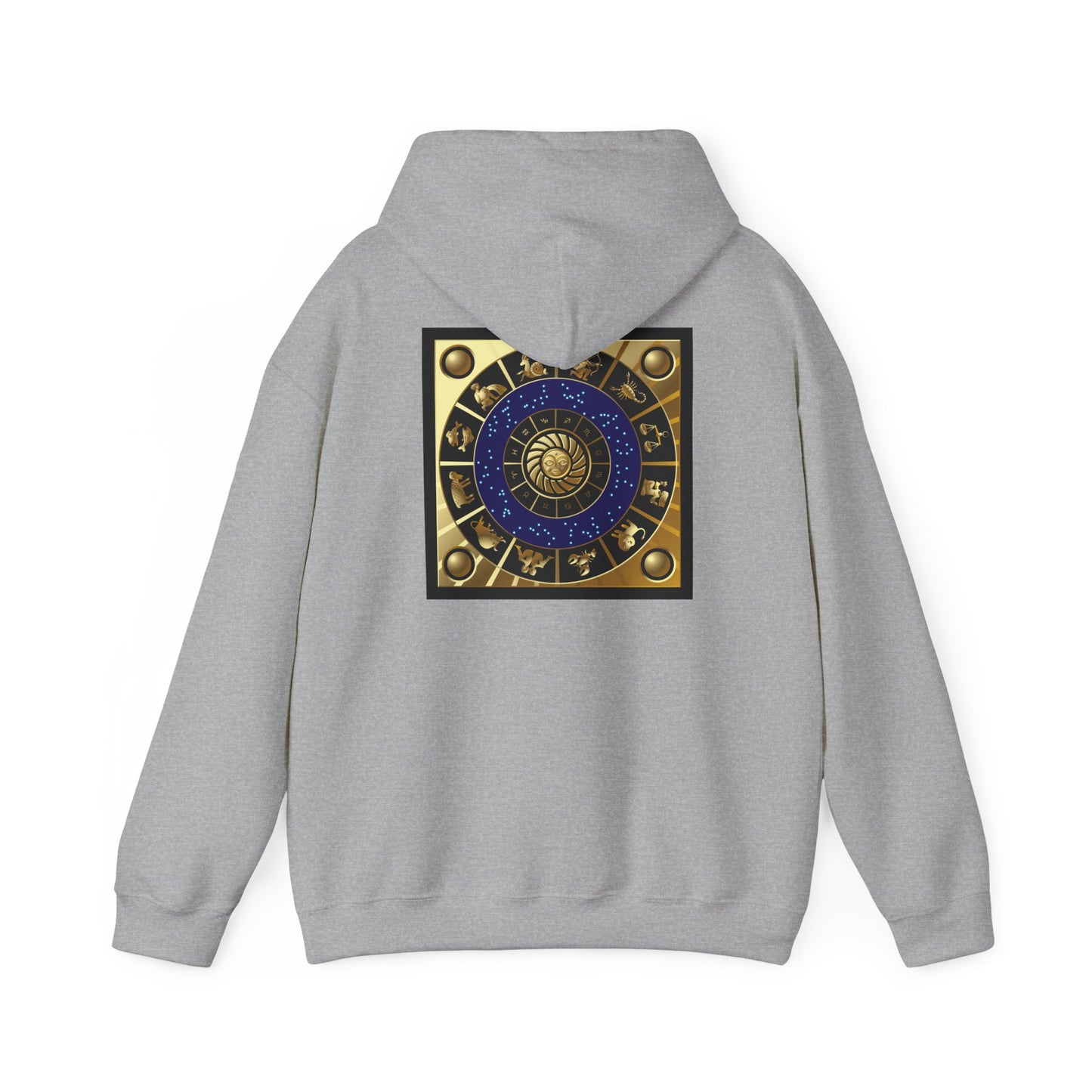 Gemini Zodiac Hoodie – Gold Gemini Text & Astrology Wheel Back Print