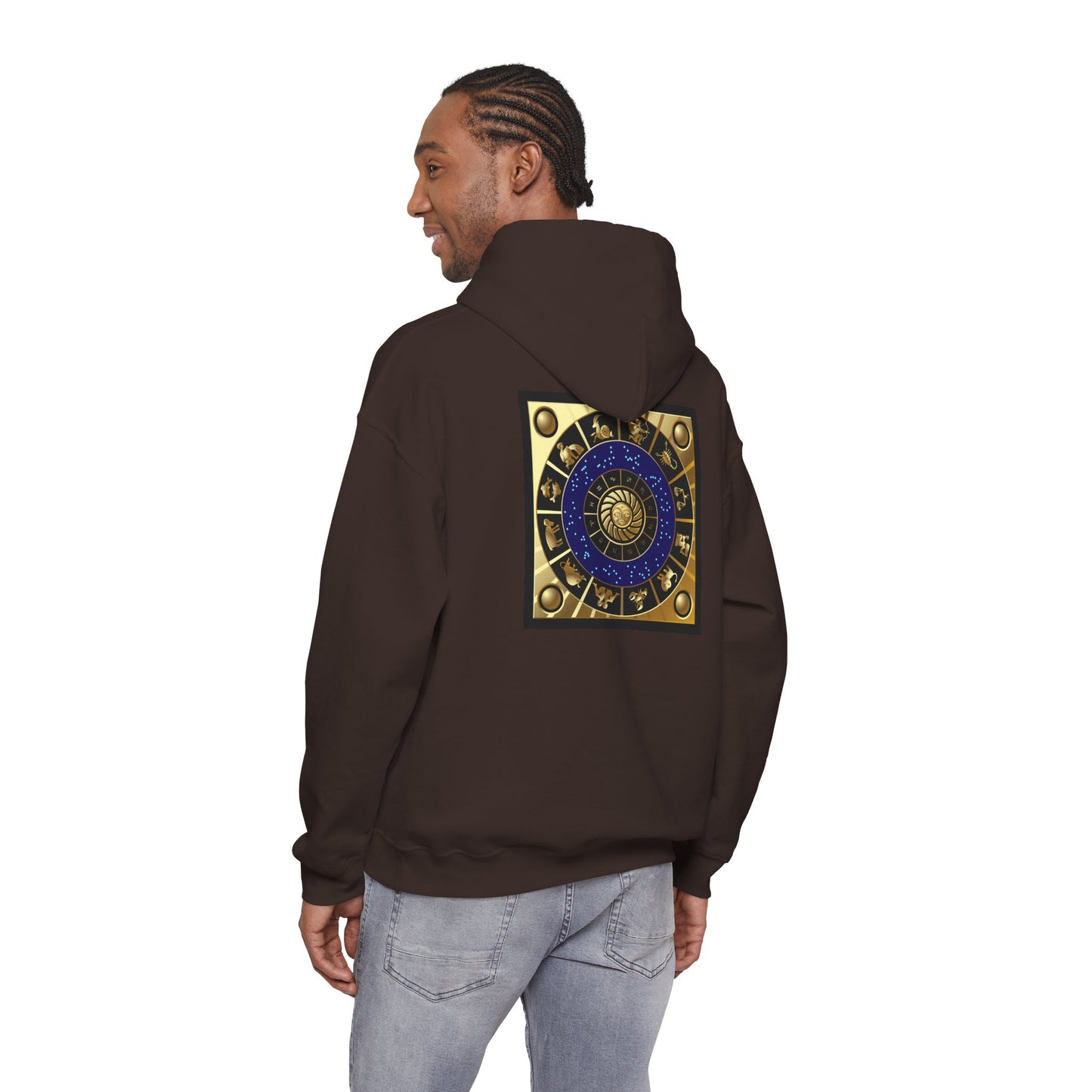 Gemini Zodiac Hoodie – Gold Gemini Text & Astrology Wheel Back Print
