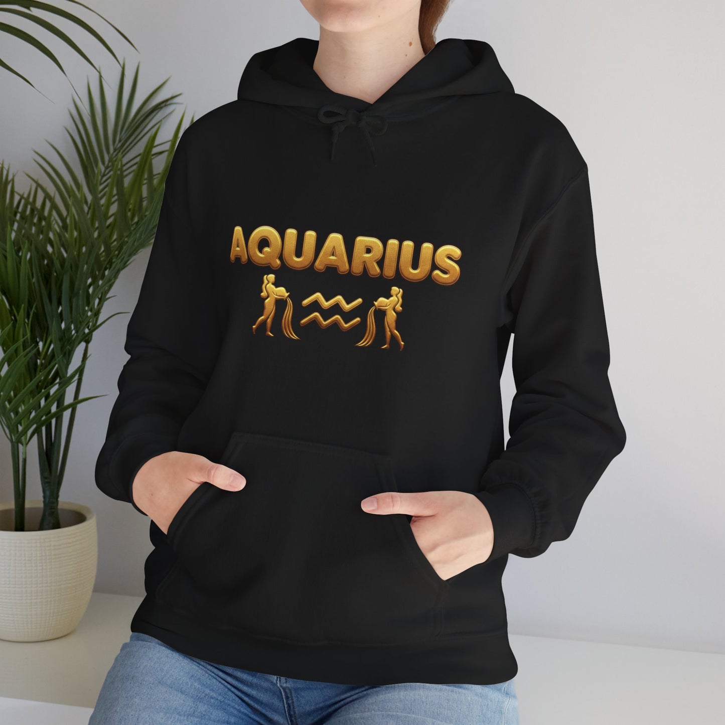 Aquarius Zodiac Hoodie — Gold Astrology Graphic Hooded Sweatshirt