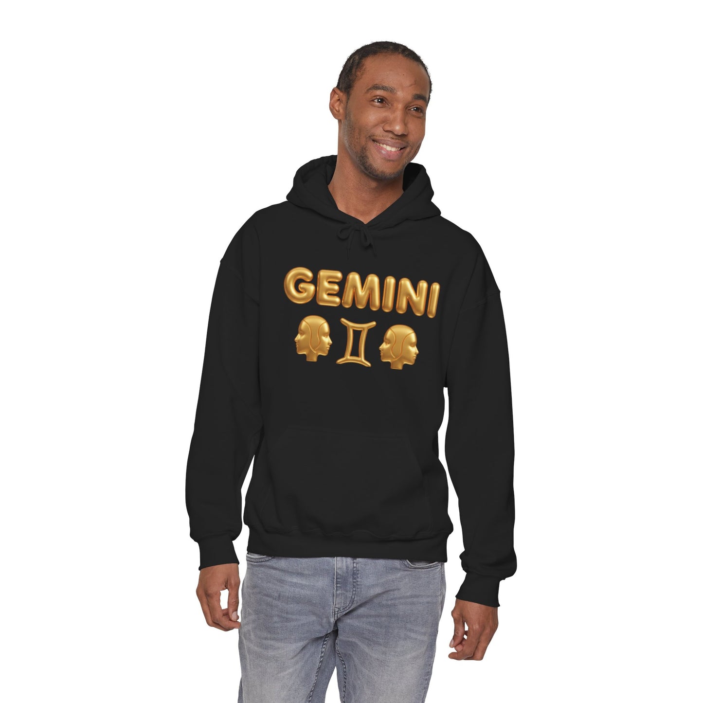 Gemini Zodiac Hoodie – Gold Gemini Text & Astrology Wheel Back Print
