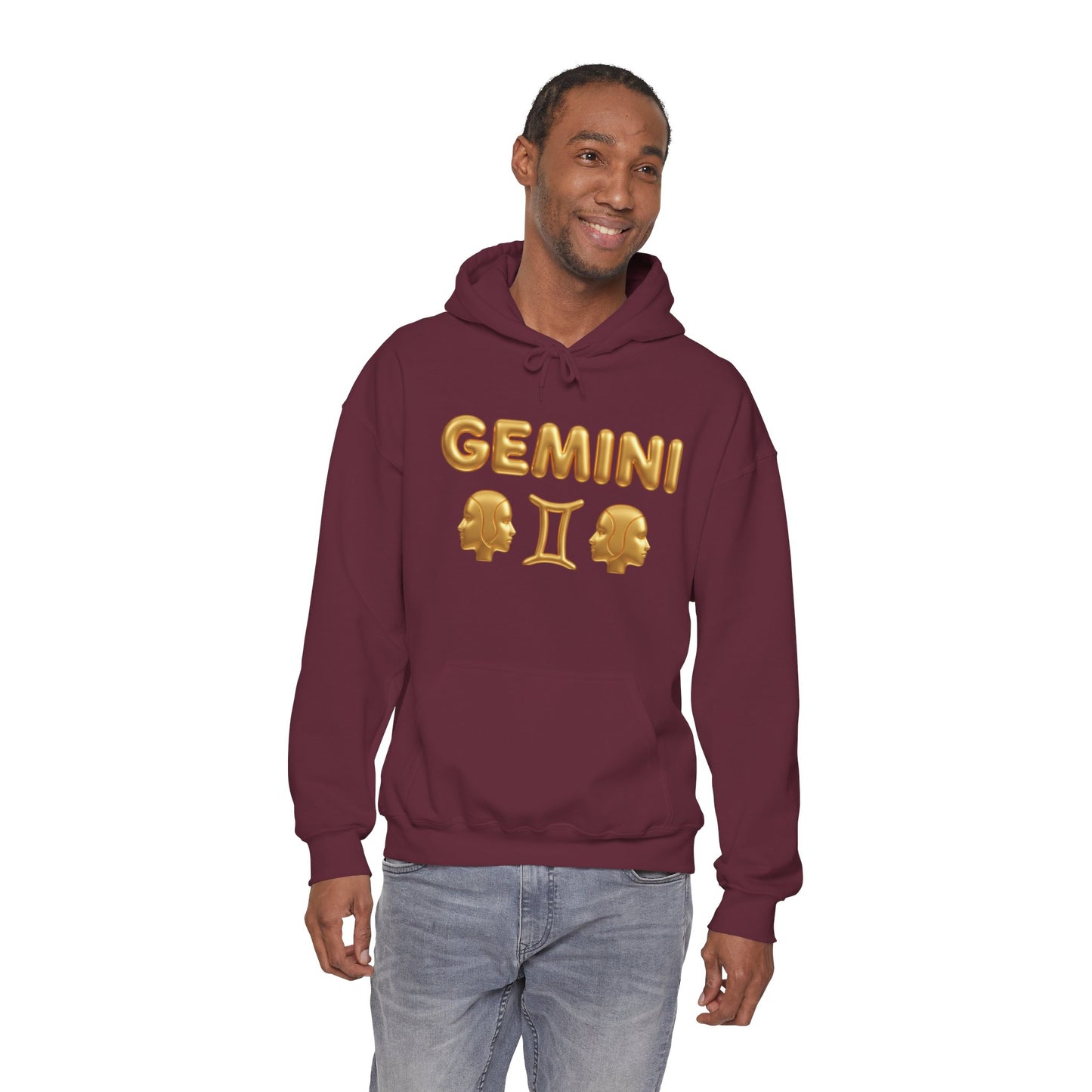 Gemini Zodiac Hoodie – Gold Gemini Text & Astrology Wheel Back Print