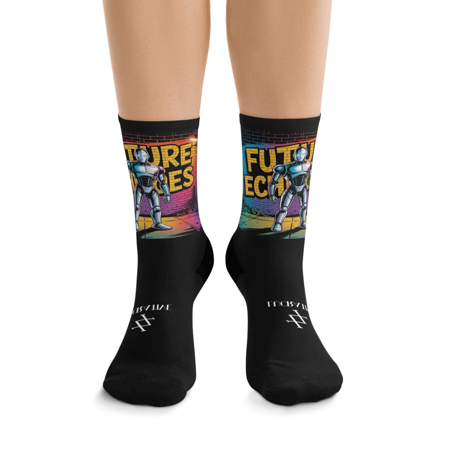 Futuristic Robot Graphic Socks — "Future Echoes" Recycled Poly Crew Socks