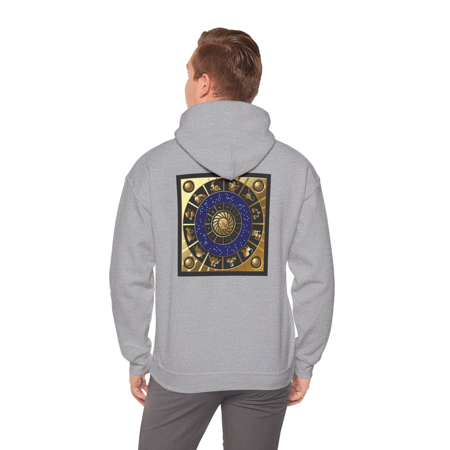 Gemini Zodiac Hoodie – Gold Gemini Text & Astrology Wheel Back Print