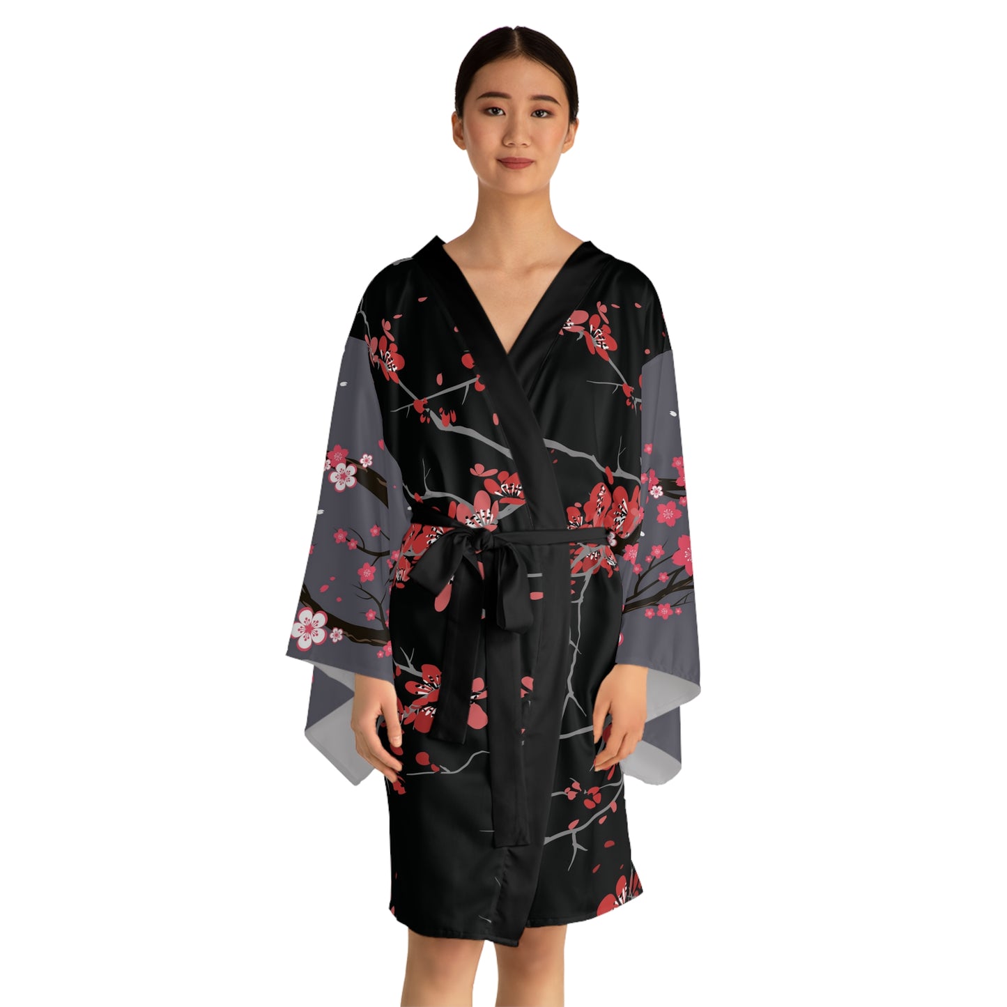 Cherry Blossom Kimono Robe — Japanese Floral Long Sleeve Wrap