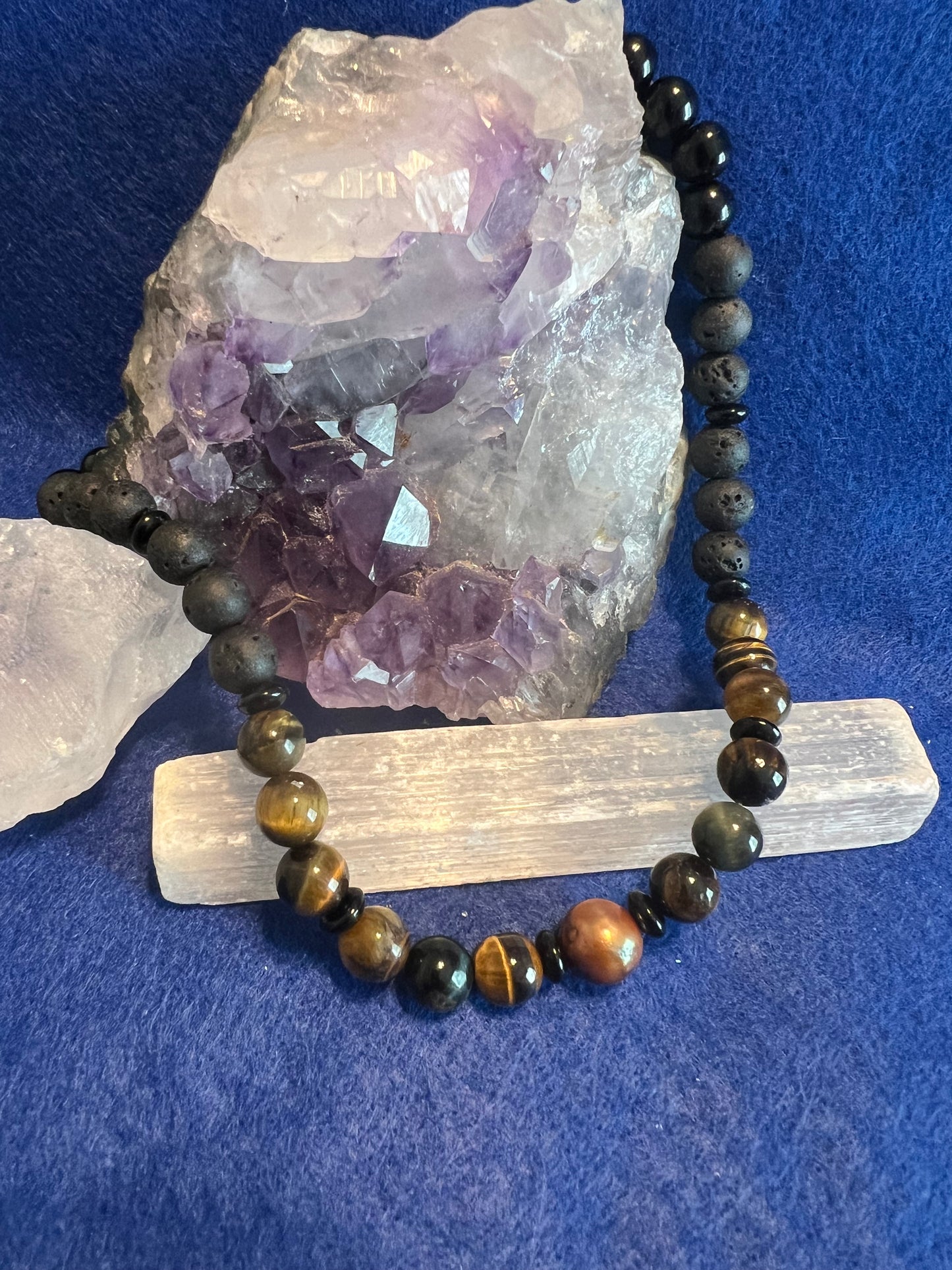 Tigers Eye, Black Onyx and Volcano rock Necklace