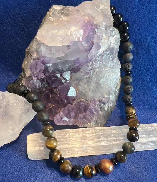 Tigers Eye, Black Onyx and Volcano rock Necklace