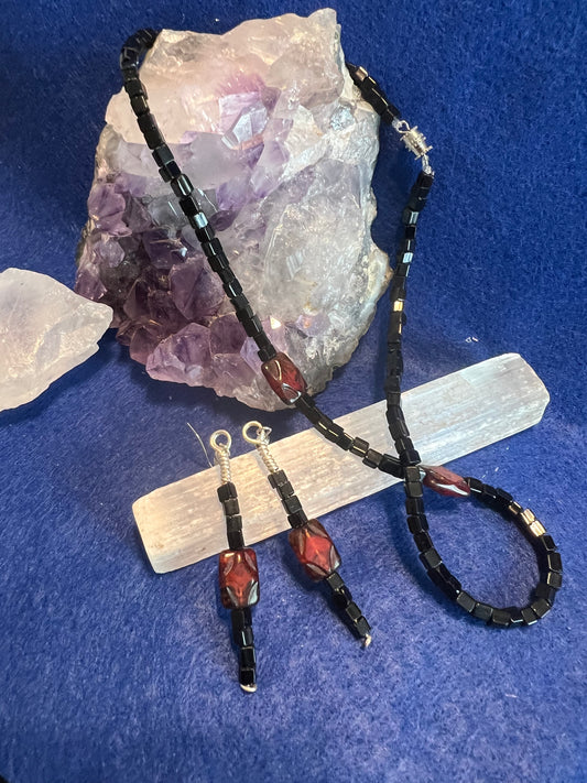 Square black glass beads and square Garnet Stone Set