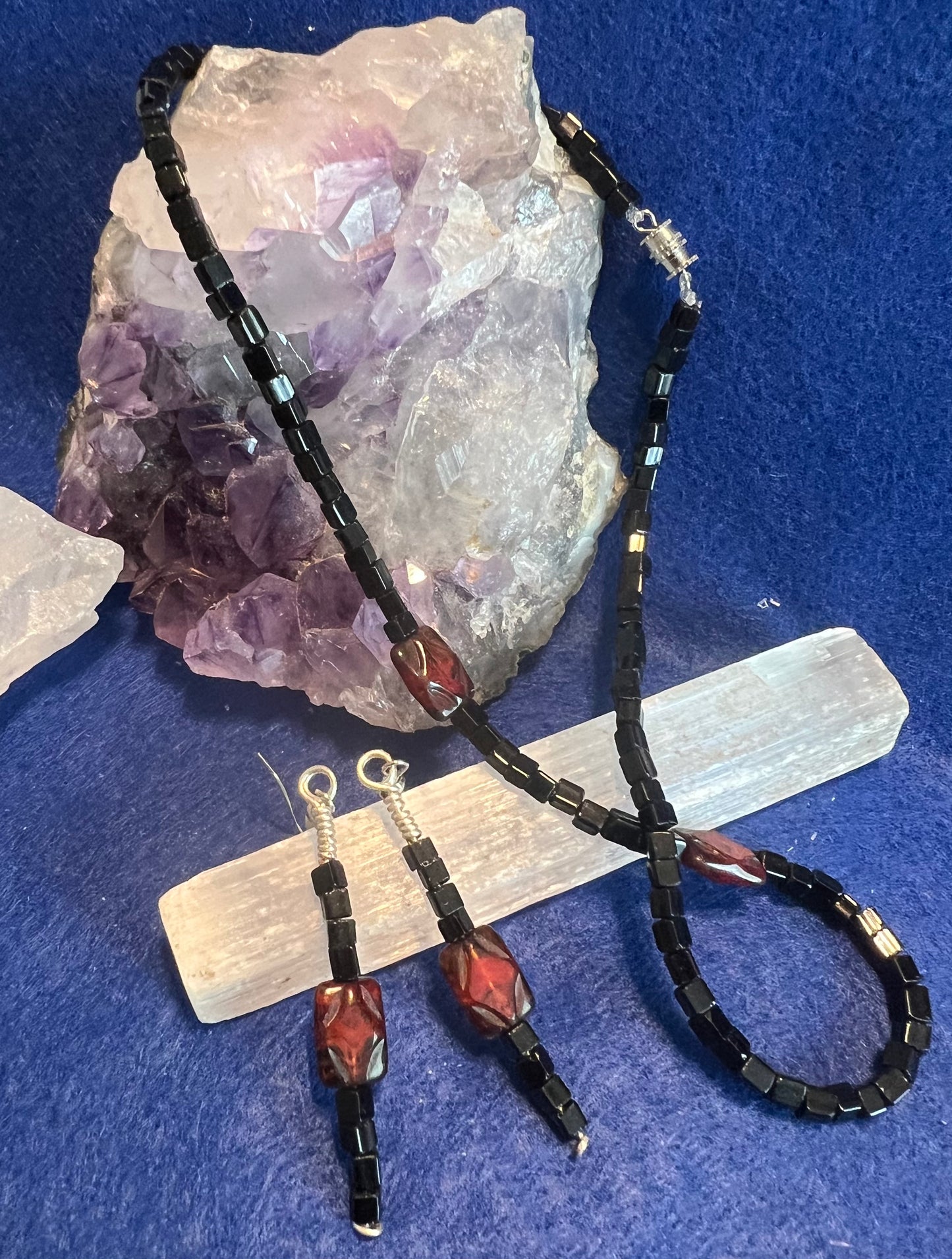 Square black glass beads and square Garnet Stone Set