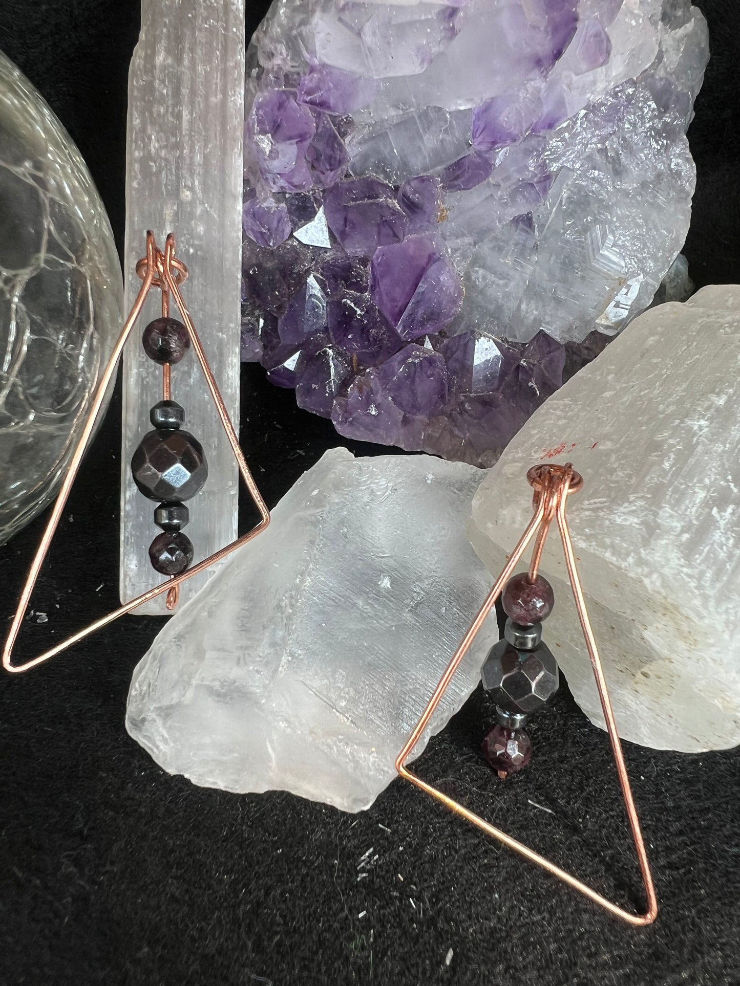 Hematite and garnet copper obtuse earrings