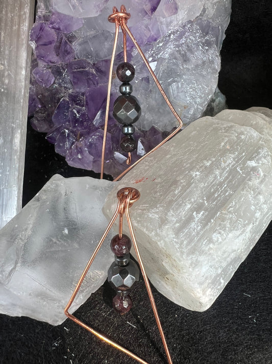 Hematite and garnet copper obtuse earrings