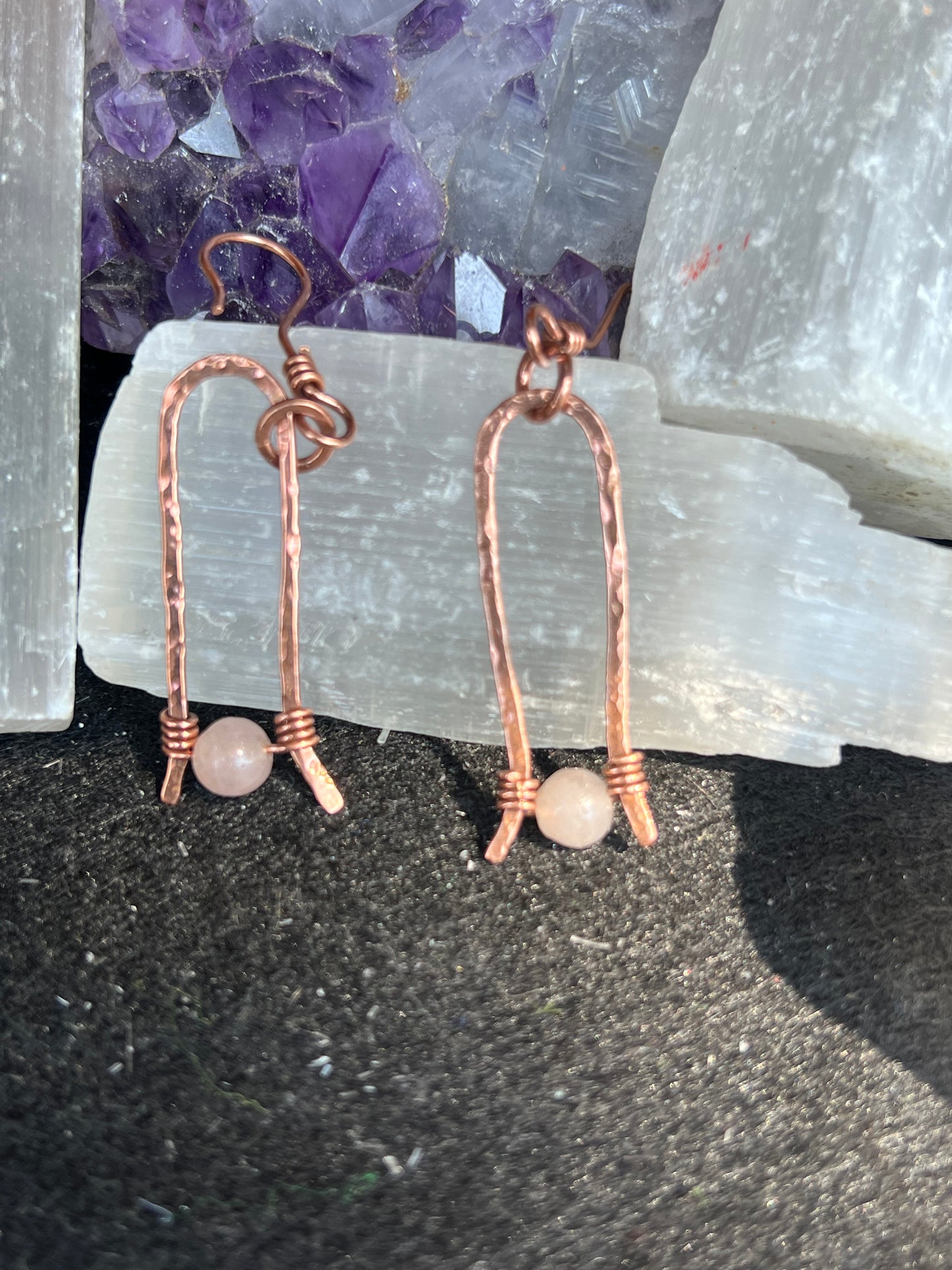 Rose quartz, and copper earrings