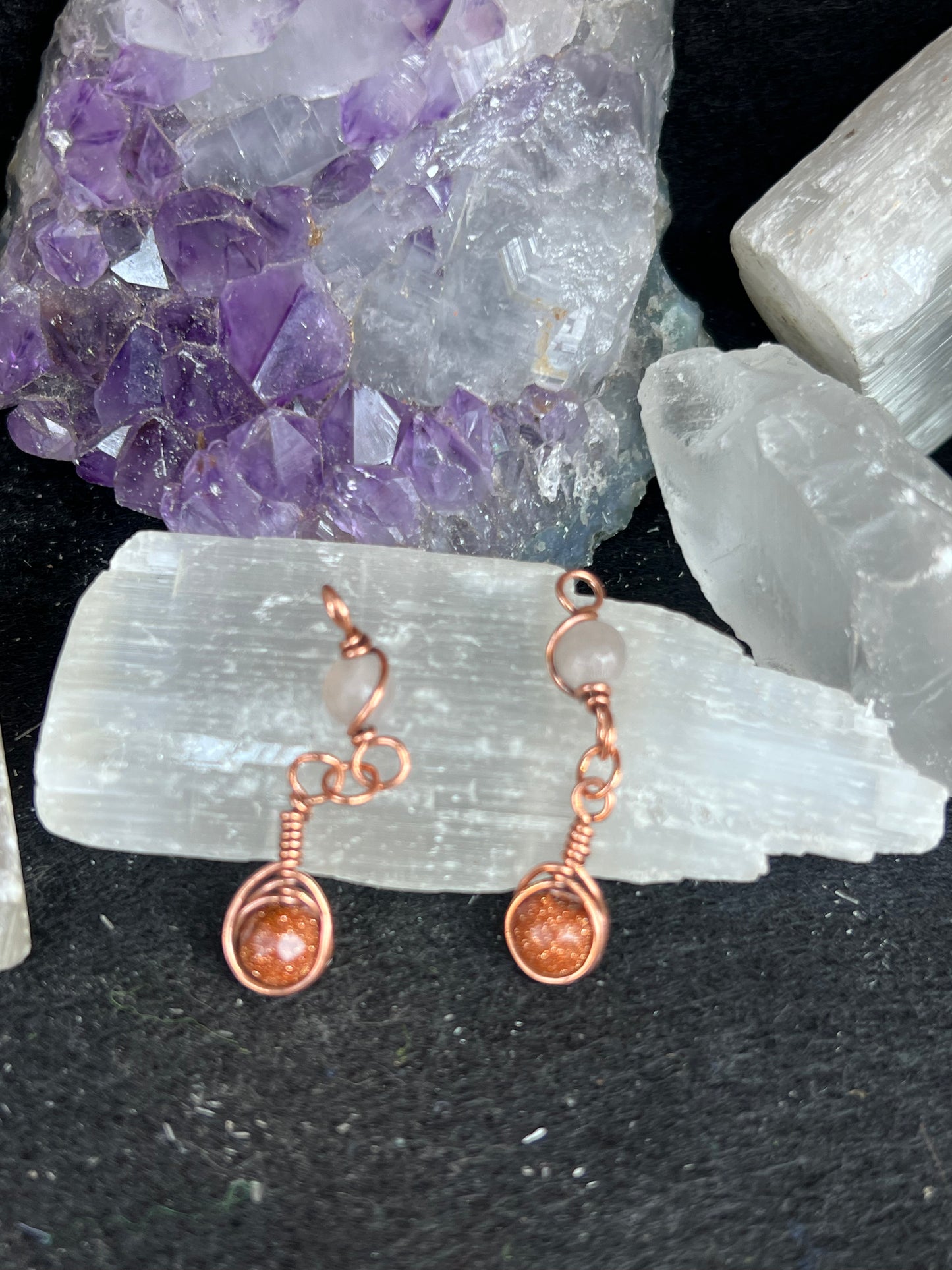 Golden moonstone and rose, quartz earring, and pendant set