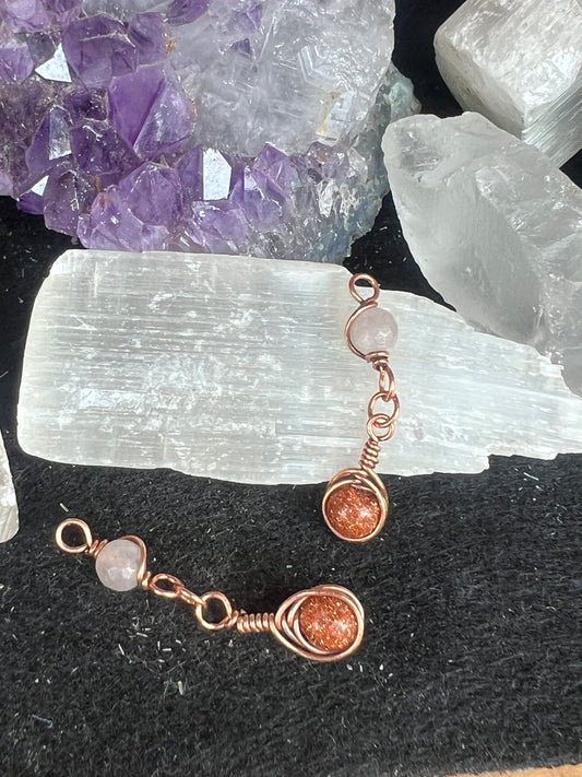 Golden moonstone and rose, quartz earring, and pendant set