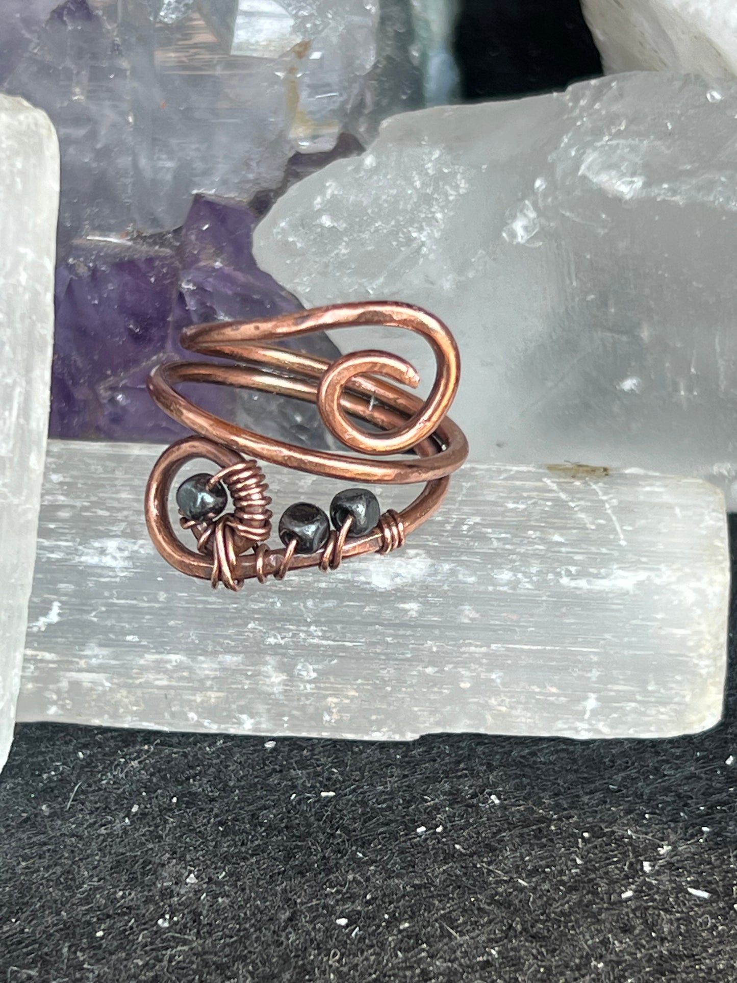 Hematite and Copper Swirl Ring